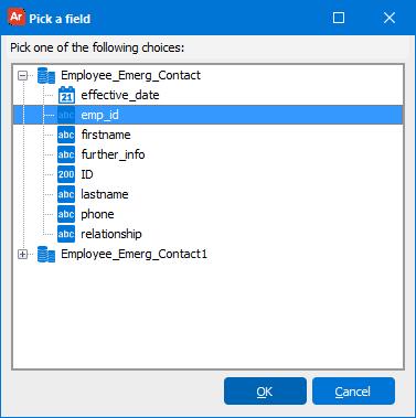 The Pick a Field dialog box where the field to link the main query to the sub query is chosen.